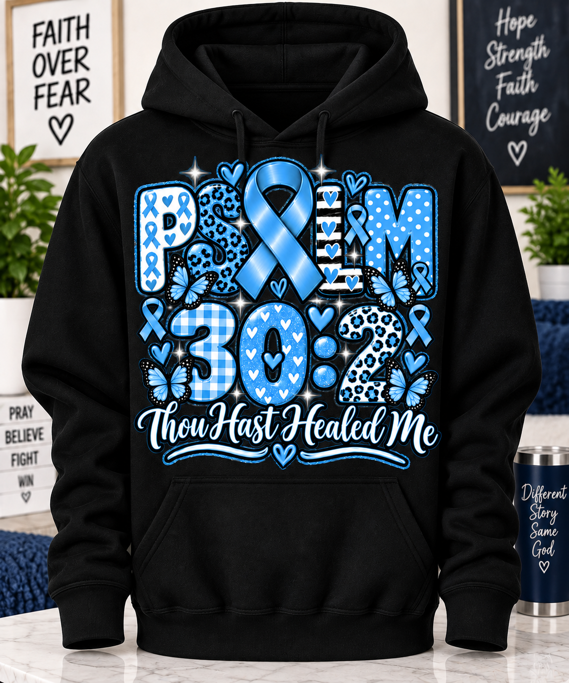 Psalm 30:2 “Thou Hast Healed Me” Blue Awareness Hoodie | Navy Blue & Black